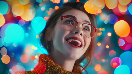 Wall Mural - A woman with glasses and red lipstick is smiling at the camera. The image has a bright and colorful background, which adds to the cheerful mood of the scene