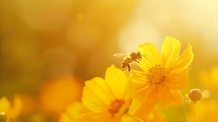 Poster - Bee collecting pollen at yellow flower Bee flying over the yellow flower in blur background : Generative AI