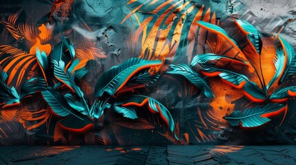 Vibrant neon graffiti art featuring tropical motifs in orange and teal on a textured 3D wall.