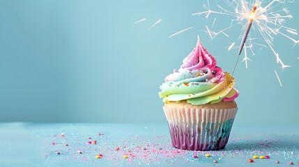 Poster - Colorful cupcake with rainbow frosting and sparkler on blue background. Festive and fun image perfect for celebrations, parties, and events. Bright and cheerful with vibrant colors. AI