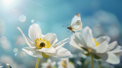 Poster - Detail with shallow focus of white anemone flower with yellow stamens and butterfly in nature macro on background of blue sky with beautiful bokeh Delicate artistic image of beauty of  : Generative AI
