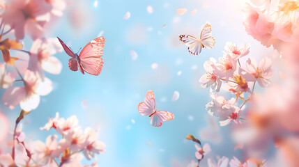 Poster - Spring banner branches of blossoming cherry against background of blue sky and butterflies on nature outdoors Pink sakura flowers dreamy romantic image spring landscape panorama copy s : Generative AI