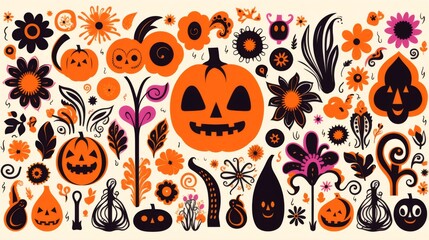 Festive Halloween illustration with a flat design style, including pumpkins, flowers, and ghost motifs