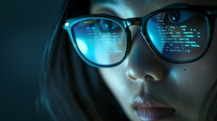 Close-up of a person wearing glasses reflecting code on computer screen. Modern technology and coding concept. Great for software development, data analysis, cybersecurity visuals. AI