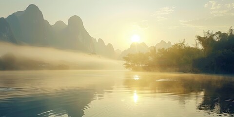 Wall Mural - Scenery Photography Guilin Mountains and Morning Morning Morning Golden Sunshine Misty 