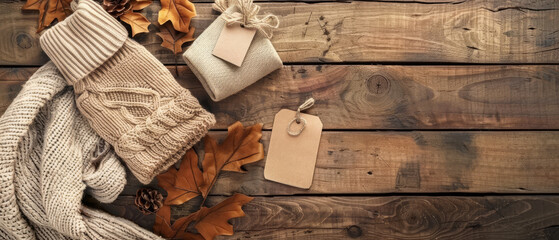 Cozy autumn setup with warm knitted clothes, gift boxes on rustic wooden table, surrounded by fall leaves.
