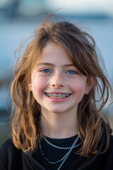 Wall Mural - Portrait of a cute and happy teenage girl, smiling warmly with her charming smile and dental braces.