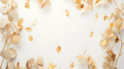 Poster - Gold round frame made of gold branches eucalyptus and leaves isolated on white background lay flat top view : Generative AI
