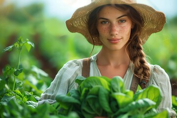 Woman in Straw Hat Holding Fresh Greens in a Garden