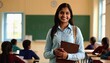 © GoshaMovies - Teacher's Day in India. The smiling Indian teacher. a female teacher in the background of a classroom