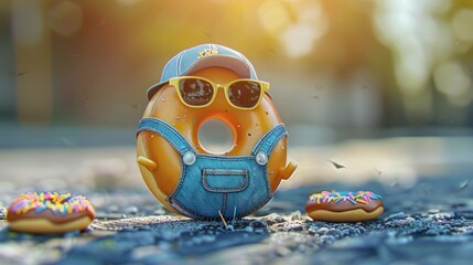 A cartoon character with a guitar and sunglasses is standing next to a doughnut