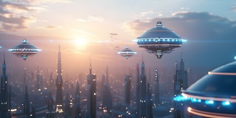 Wall Mural - Wonder and excitement in a futuristic city with flying objects. Concept Futuristic City, Flying Objects, Wonder, Excitement