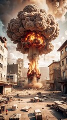 City explosion with mushroom cloud, intense and destructive, devastation of cityscape