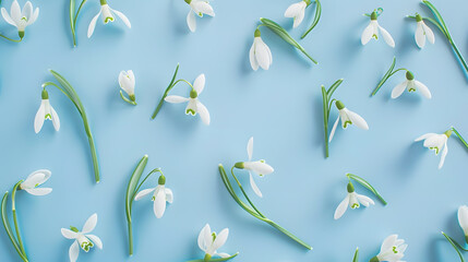 Poster - Creative layout made with snowdrop flowers on bright blue  background Flat lay Spring minimal concept : Generative AI