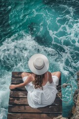 Wall Mural - A woman wearing a white hat and dress is sitting on a wooden dock by the ocean
