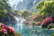 © dendyh7 - Beautiful Paradise Land with Flower and Waterfall created with Generative AI