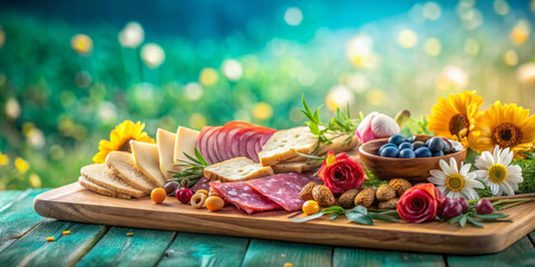 A wooden board is filled with cheese, cold cuts, crackers and a small bowl of blueberries, surrounded by fresh flowers.Outdoors, a sunny field or garden with a bokeh background, a picnic atmosphere.AI