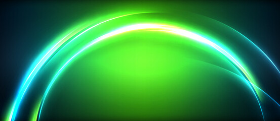 Aufkleber - Neon glowing circle rays, light round lines in the dark, planet style neon wave lines. Energetic electric concept design for wallpaper, banner, background