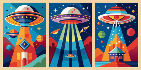 colorful ufo posters set. a vibrant set of posters featuring colorful ufos and extraterrestrial land