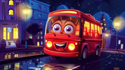 A cartoon bus with a smiling face is driving down a street at night