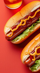 Wall Mural - Two hot dogs with mustard and ketchup on a red background