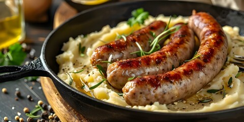 Wall Mural - Sausage and Mashed Potatoes A Traditional British Delight. Concept British Cuisine, Sausage, Mashed Potatoes, Traditional Dish