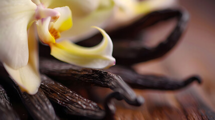 Poster - Vanilla flowers and pods close up Vanilla beans over wooden background macro shot Aromatic condiments closeup flavour : Generative AI