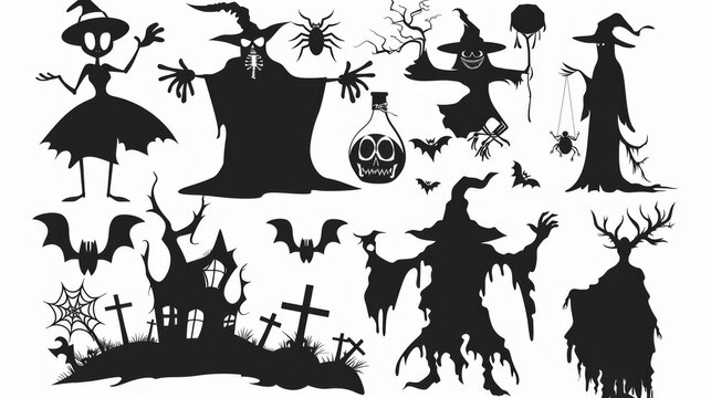 A compilation of Halloween silhouettes featuring various spooky elements like witches, skulls, and bats