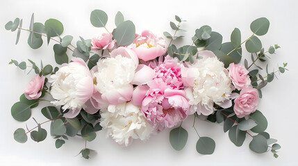 Poster - Styled stock photo Decorative still life floral composition Wedding or birthday bouquet of pink and white peony flowers and eucalyptus branches White table background Flat lay top view : Generative AI
