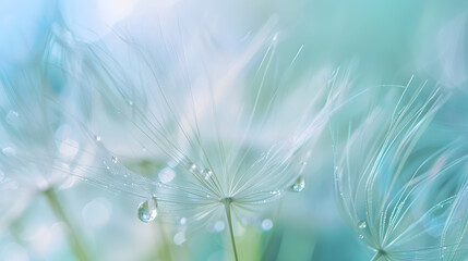 Poster - Beauty in nature Fantasy closeup of dandelion soft morning sunlight after rain pastel colors Peaceful blue green blurred lush foliage dandelion seed Macro spring nature amazing natural : Generative AI