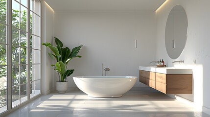 Wall Mural - A modern minimalist bathroom with an oval freestanding bathtub in the center, large windows on one side for natural light and a wooden vanity beside it.