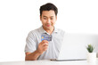 © aekkorn - Happy cheerful smiling young adult asian man doing online shopping or e-shopping satisfied entrepreneur making online payment paying for service or goods on white background.