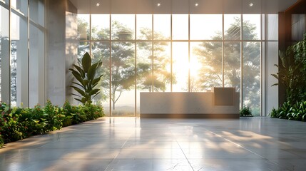 Wall Mural - A modern office building interior with large windows, showcasing clean concrete floors and plants in the foreground.
