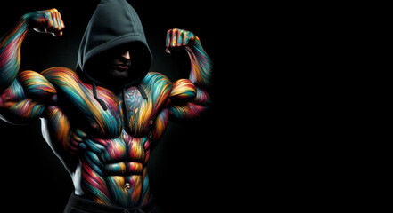 Wall Mural - Muscular figure in a hooded sweatshirt with vibrant multicolored tattoos, showcasing strength and mystery, set against a dark background. Concept of fitness, power, art, and enigma.
