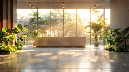 Wall Mural - A modern office building interior with large windows, showcasing clean concrete floors and plants in the foreground.