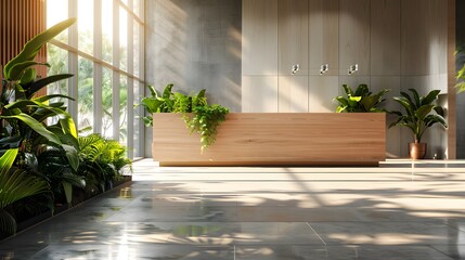 Wall Mural - A modern office building interior with large windows, showcasing clean concrete floors and plants in the foreground.