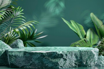 3D stone green podium or rock dais stage and nature green leaves. elegant green podium mock-up stand product scene green nature background. 3d podium stage illustration render tropical - generative ai
