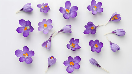 Poster - Violet crocuses on a white background Spring flowers Top view flat lay : Generative AI