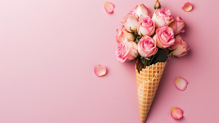 Poster - waffle cone with roses bouquet on pink background flat lay top view : Generative AI