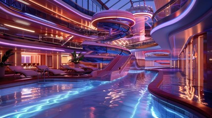 A huge luxurious cruise ship with 4 floors, at the top of the ship there is a swimming pool with a bar and water slides, an morning atmosphere and illuminated with LED lights