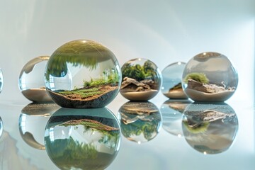 Wall Mural - Transparent glass orbs floating above a reflective surface, each containing miniature landscapes, symbolizing the encapsulation of diverse ideas.