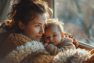 A mom lovingly cuddling her baby on a soft bed, affectionate, warm lighting, closeup shot.