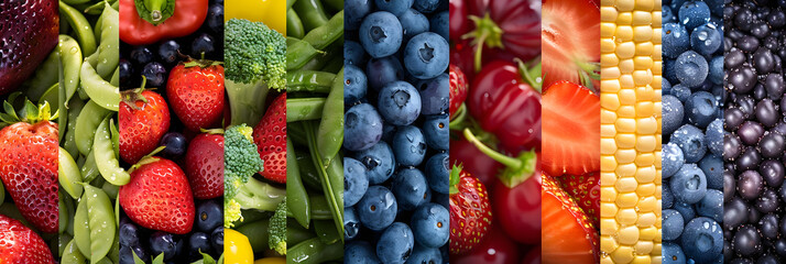 Close-Up of Blueberries, Tomatoes, Corn, Strawberries, Peas, Kiwi: Healthy Eating