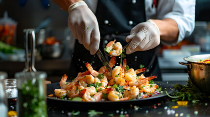 chef preparing shrimp salad on dark background