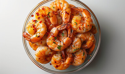 Wall Mural - Glass cup with boiled shrimps on a white background.