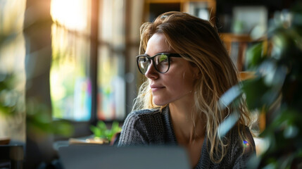 Wall Mural - A beautiful woman in glasses works on a laptop while sitting in the office on a sunny day. Freelancer with a modern laptop surrounded by green plants at her desk. Concept of freelancing, office work.