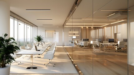 Fototapete - A sleek startup office space featuring glass partitions, ergonomic chairs, and a long, minimalist white table equipped with high-tech gadgets.