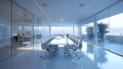 Fototapete - A sleek startup office space featuring glass partitions, ergonomic chairs, and a long, minimalist white table equipped with high-tech gadgets.