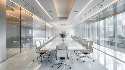 Fototapete - A sleek startup office space featuring glass partitions, ergonomic chairs, and a long, minimalist white table equipped with high-tech gadgets.