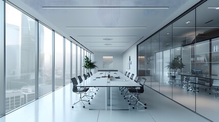 Fototapete - A sleek startup office space featuring glass partitions, ergonomic chairs, and a long, minimalist white table equipped with high-tech gadgets.